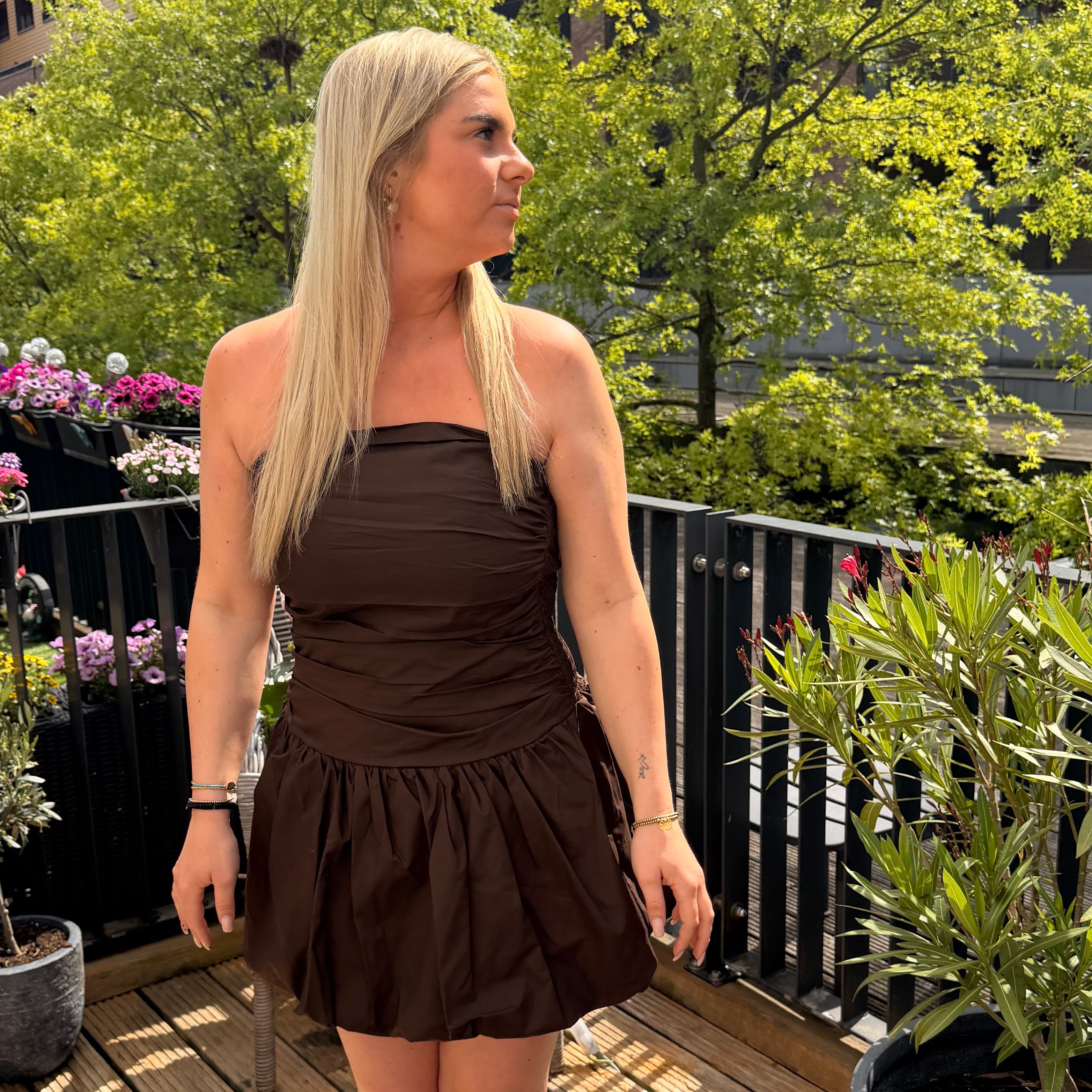 Jurk pof strapless bruin